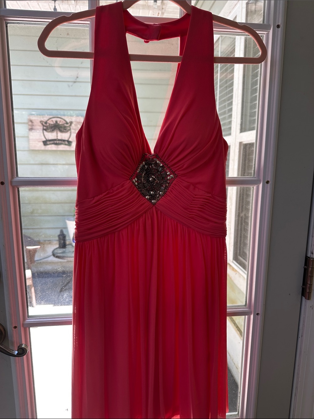 Strapless Coral-Pink Evening Gown with Embellished Waist